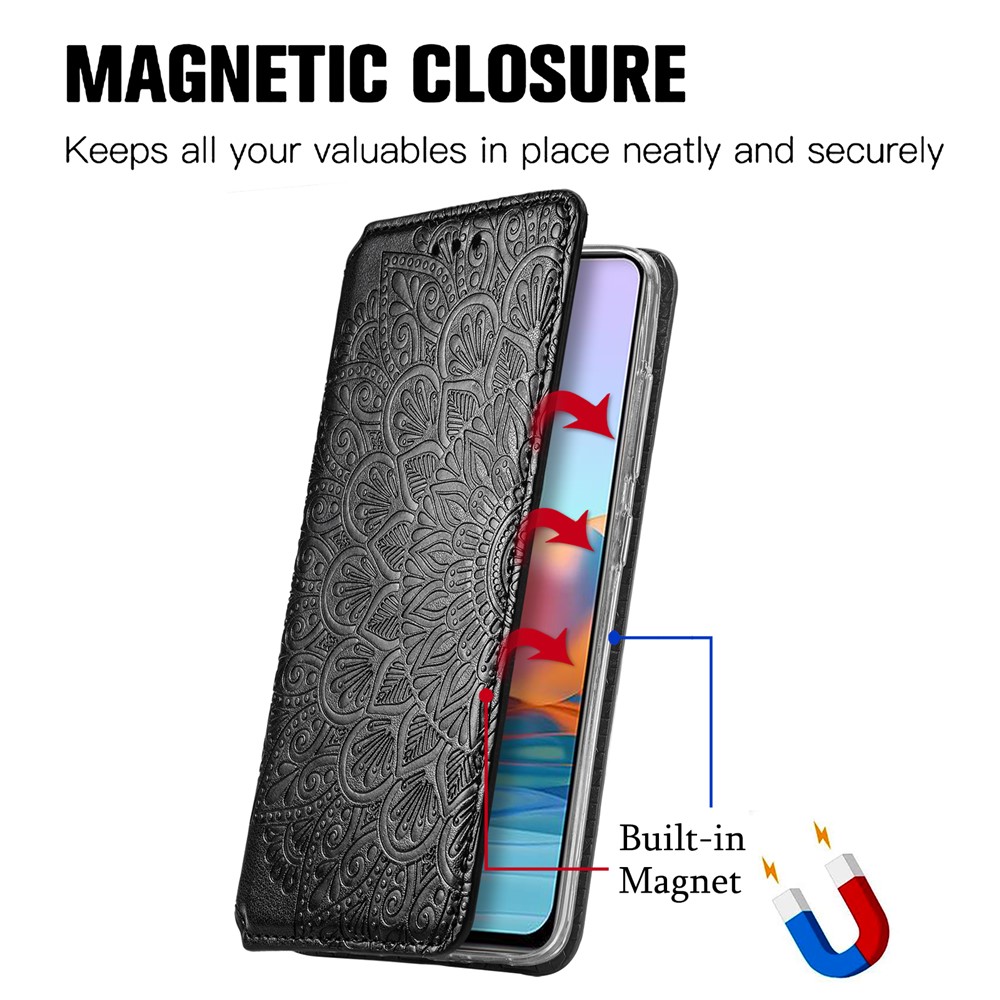 Imprinted Mandala Flower Pattern Auto-absorbed PU Leather Case Stand Wallet for Xiaomi Redmi Note 10 Pro / Redmi Note 10 Pro Max - Black-4
