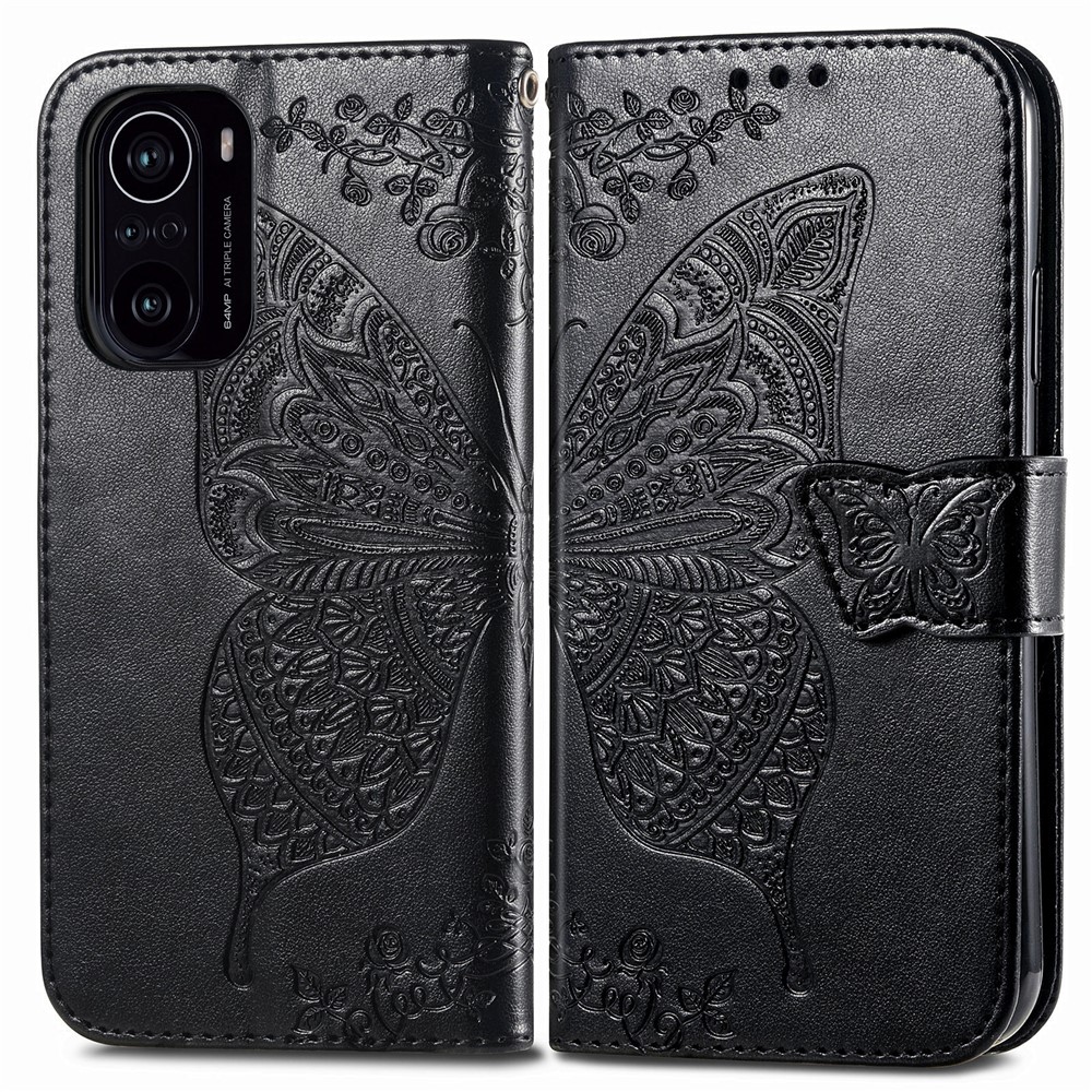 Imprint Big Butterfly Leather Wallet Phone Shell for Xiaomi Redmi K40 Pro / Redmi K40 / Mi 11i / Poco F3 - Black-1
