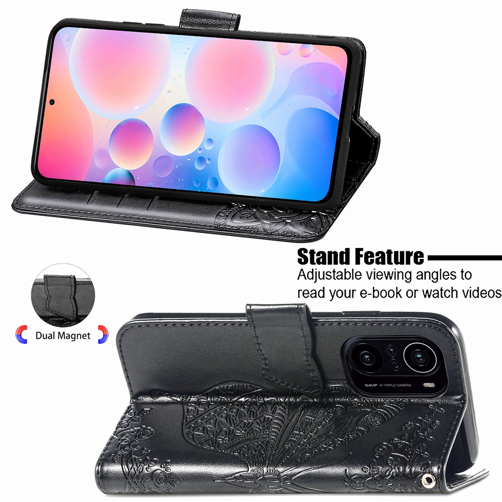 Imprint Big Butterfly Leather Wallet Phone Shell for Xiaomi Redmi K40 Pro / Redmi K40 / Mi 11i / Poco F3 - Black-3