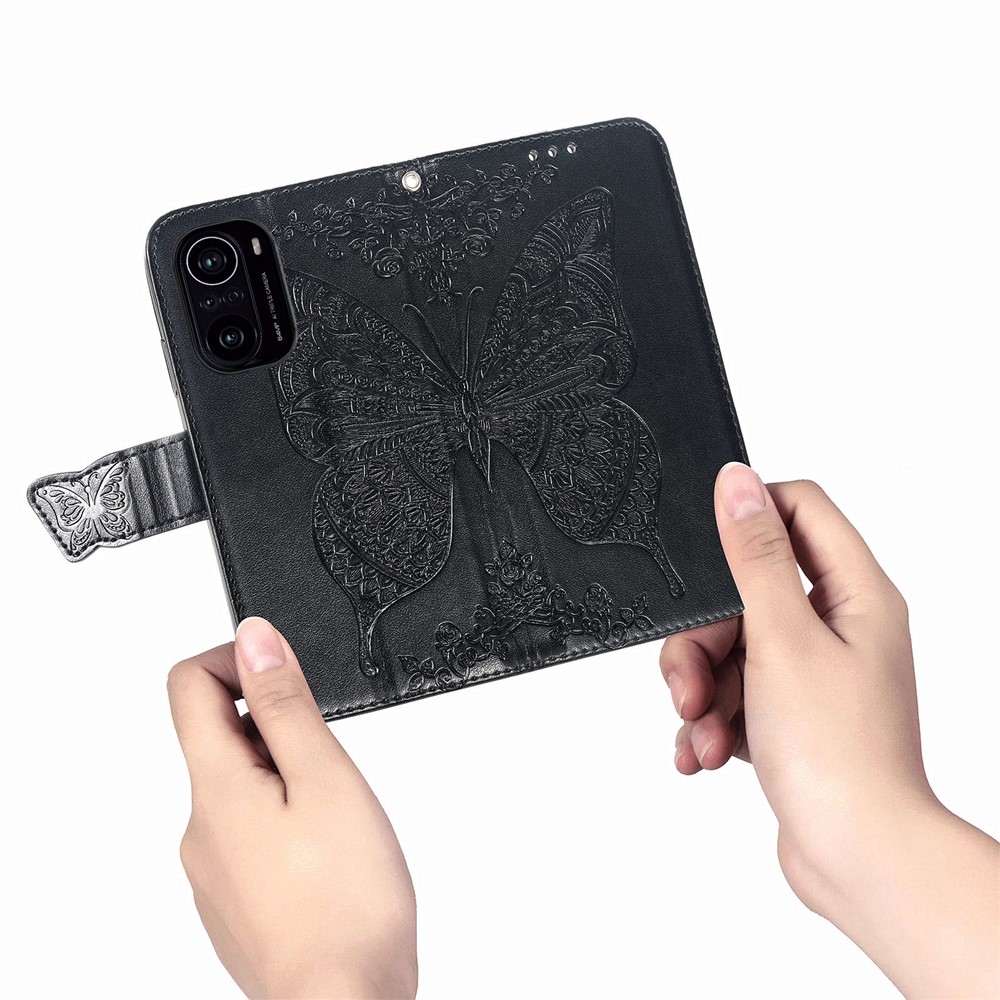 Imprint Big Butterfly Leather Wallet Phone Shell for Xiaomi Redmi K40 Pro / Redmi K40 / Mi 11i / Poco F3 - Black-4