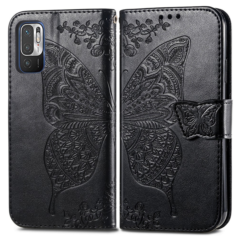 Imprint Big Butterfly Leather Wallet Phone Shell for Xiaomi Redmi Note 10 5G - Black-1