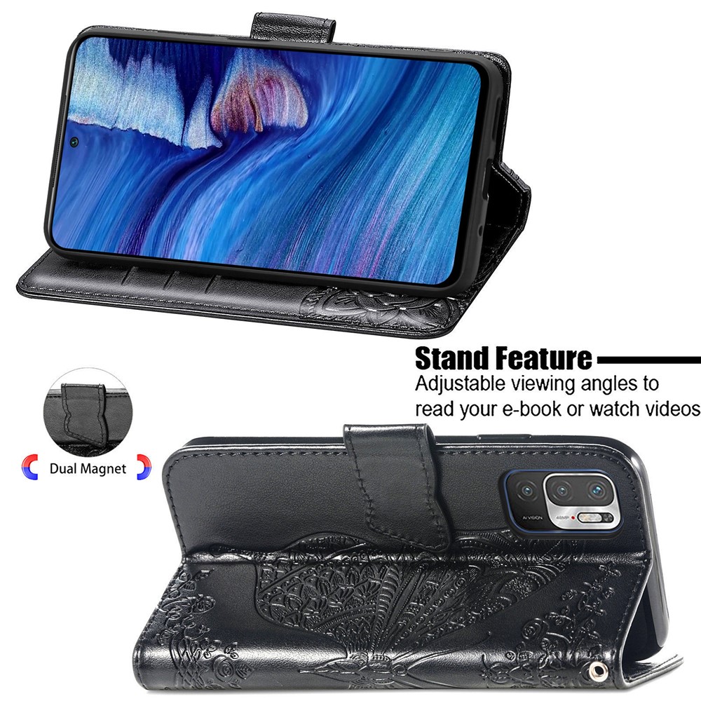 Imprint Big Butterfly Leather Wallet Phone Shell for Xiaomi Redmi Note 10 5G - Black-3