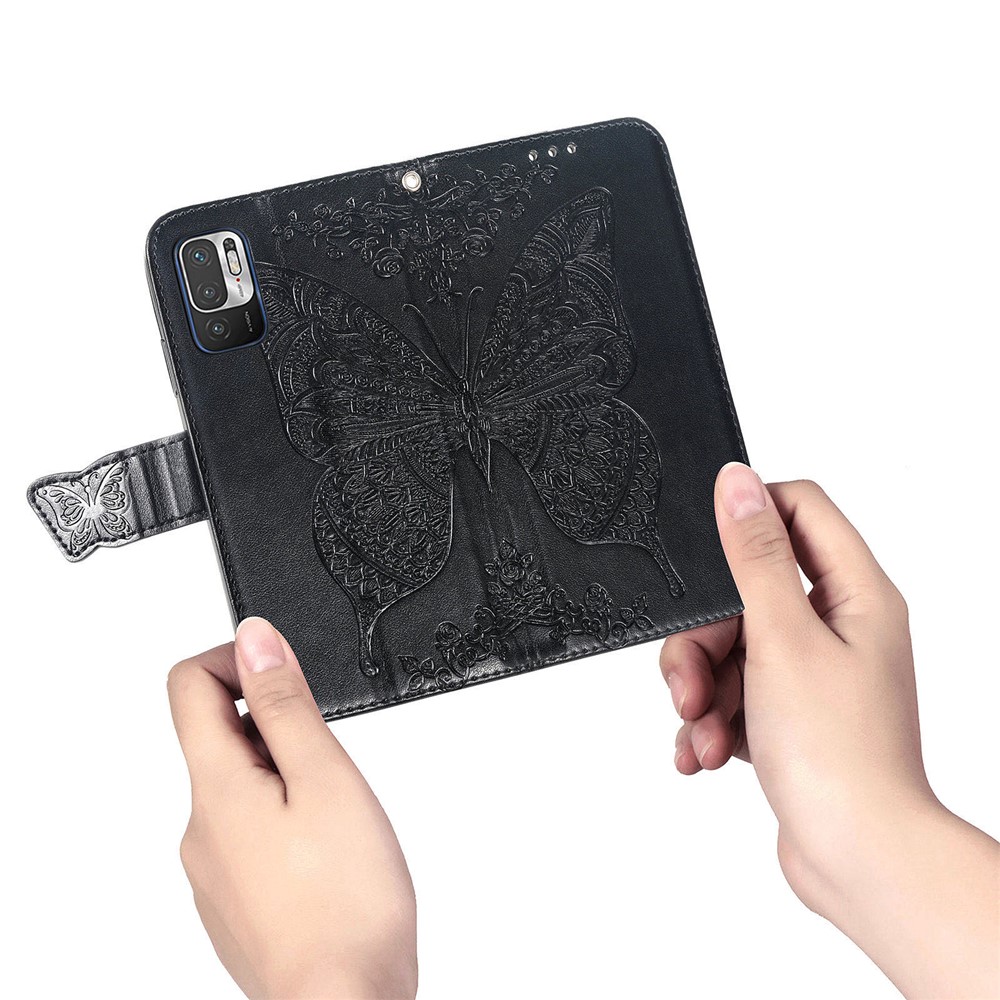 Imprint Big Butterfly Leather Wallet Phone Shell for Xiaomi Redmi Note 10 5G - Black-4