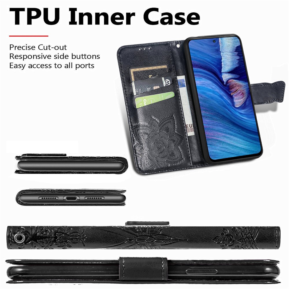 Imprint Big Butterfly Leather Wallet Phone Shell for Xiaomi Redmi Note 10 5G - Black-6