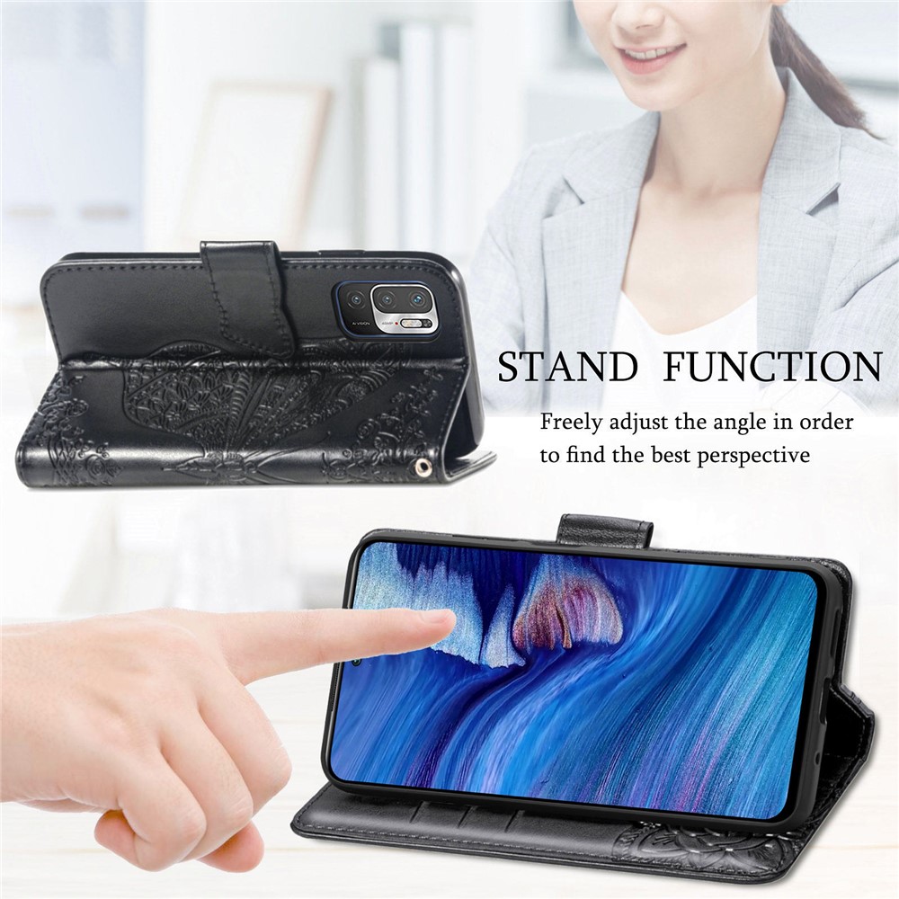 Imprint Big Butterfly Leather Wallet Phone Shell for Xiaomi Redmi Note 10 5G - Black-8