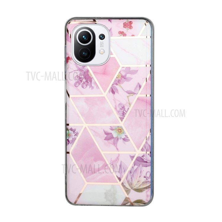IMD Marble Pattern Splicing Electroplating Mobile Phone Case for Xiaomi Mi 11 Lite 4G/5G - Purple Flower-1