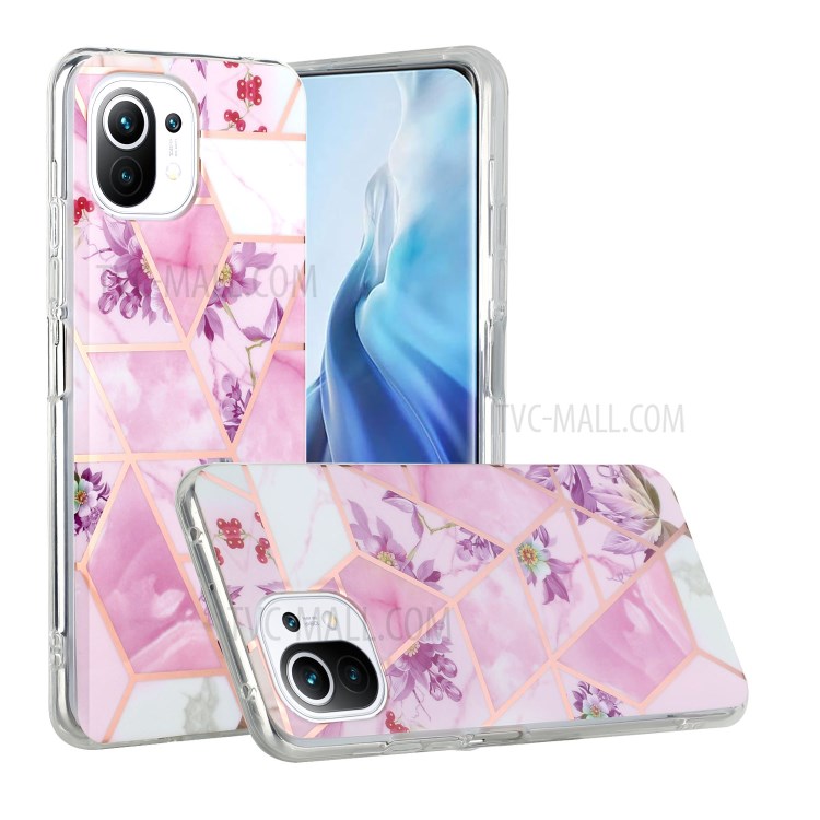 IMD Marble Pattern Splicing Electroplating Mobile Phone Case for Xiaomi Mi 11 Lite 4G/5G - Purple Flower-2