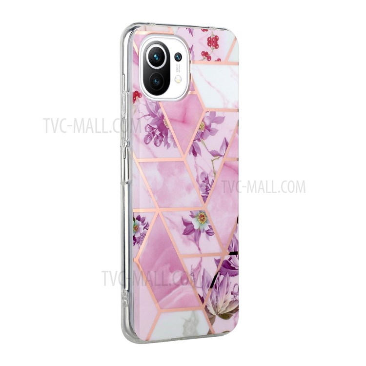 IMD Marble Pattern Splicing Electroplating Mobile Phone Case for Xiaomi Mi 11 Lite 4G/5G - Purple Flower-3