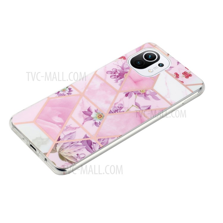 IMD Marble Pattern Splicing Electroplating Mobile Phone Case for Xiaomi Mi 11 Lite 4G/5G - Purple Flower-5