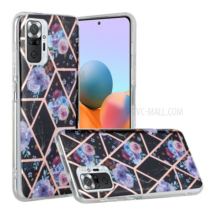 Electroplating IMD Marble Pattern Splicing Case for Xiaomi Redmi Note 10 Pro/Note 10 Pro Max - Black Based Flower-2