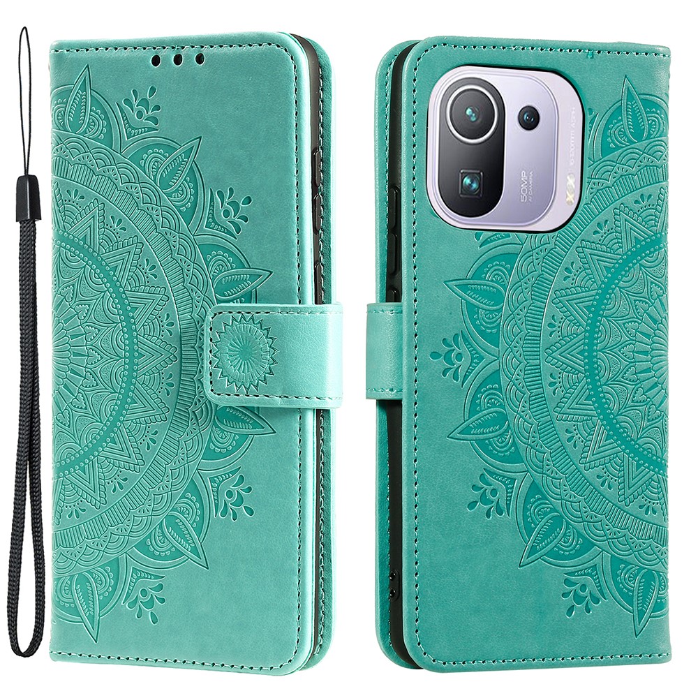 Imprinted Mandala Flower Wallet Stand Leather Case for Xiaomi Mi 11 Pro - Green-1