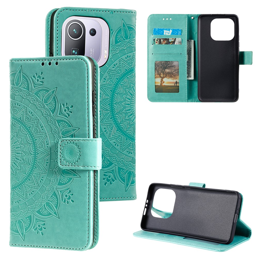 Imprinted Mandala Flower Wallet Stand Leather Case for Xiaomi Mi 11 Pro - Green-9