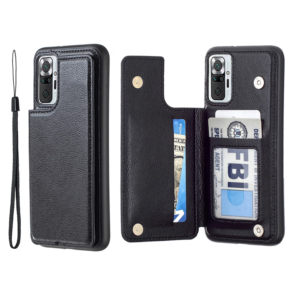 PU Leather Coated PC + TPU Hybrid Card Holder Shell with Kickstand for Xiaomi Redmi Note 10 Pro - Black-1