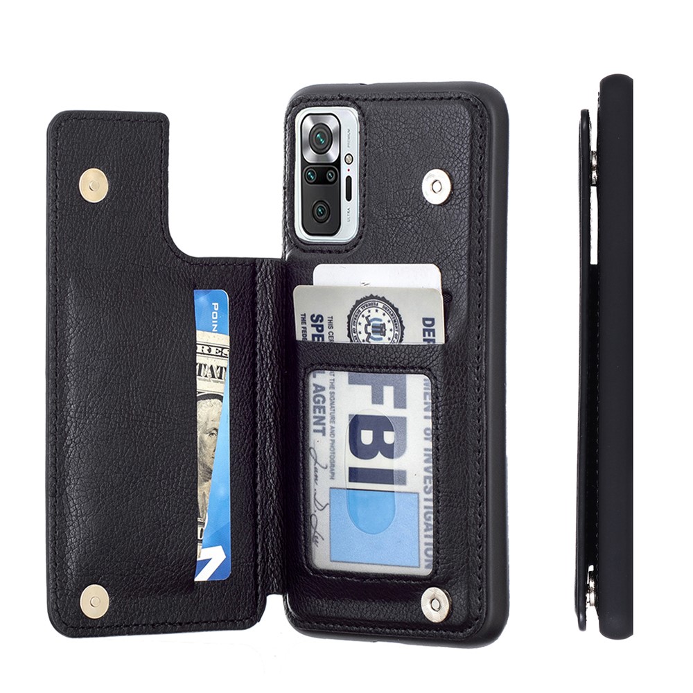 PU Leather Coated PC + TPU Hybrid Card Holder Shell with Kickstand for Xiaomi Redmi Note 10 Pro - Black-11