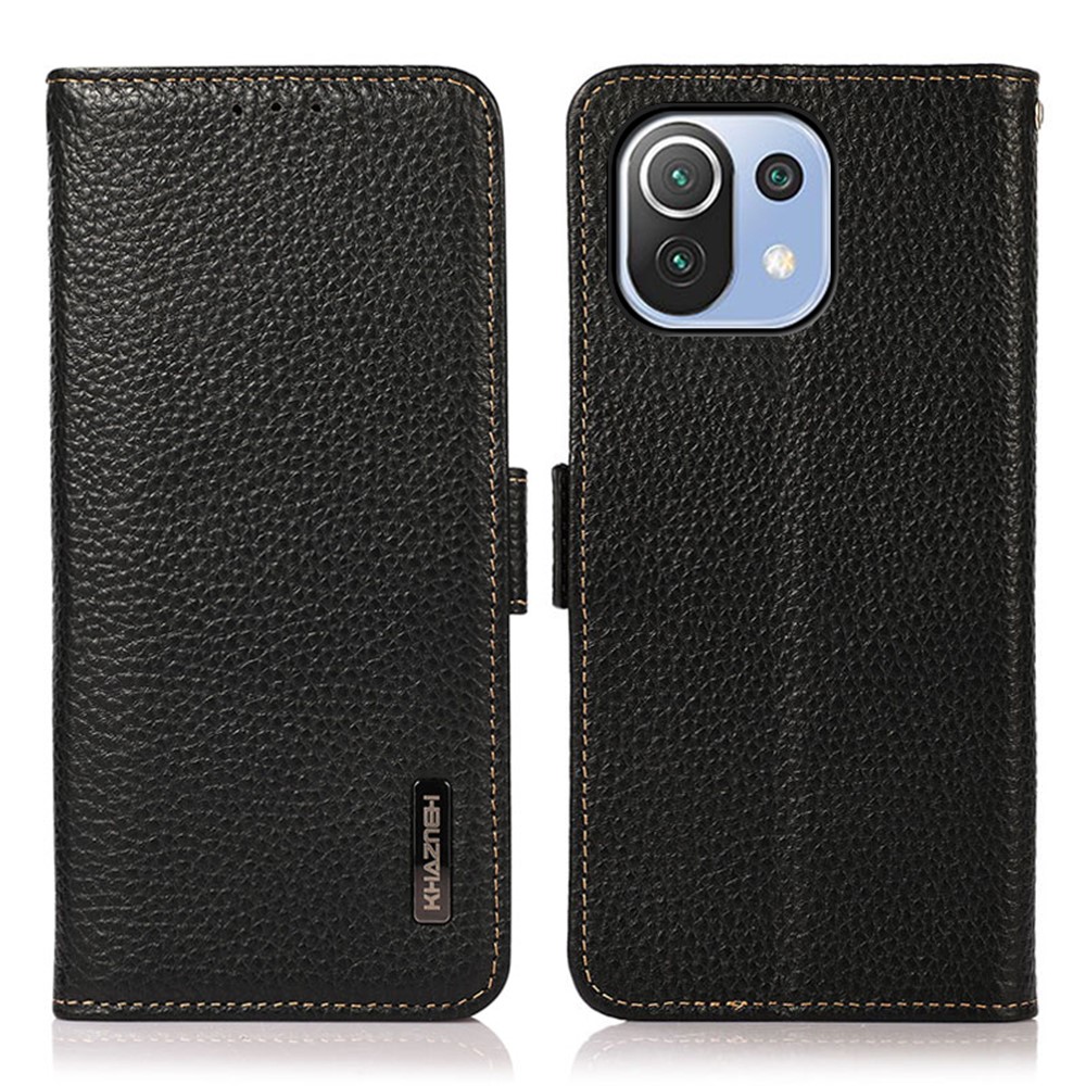 KHAZNEH Anti-theft Swiping RFID Blocking Litchi Skin Genuine Leather Stand Phone Case with Wallet Design for Xiaomi Mi 11 Lite 4G/5G - Black-1
