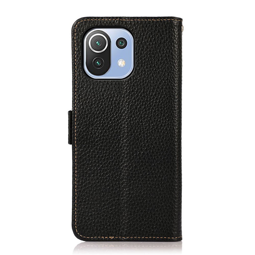 KHAZNEH Anti-theft Swiping RFID Blocking Litchi Skin Genuine Leather Stand Phone Case with Wallet Design for Xiaomi Mi 11 Lite 4G/5G - Black-3