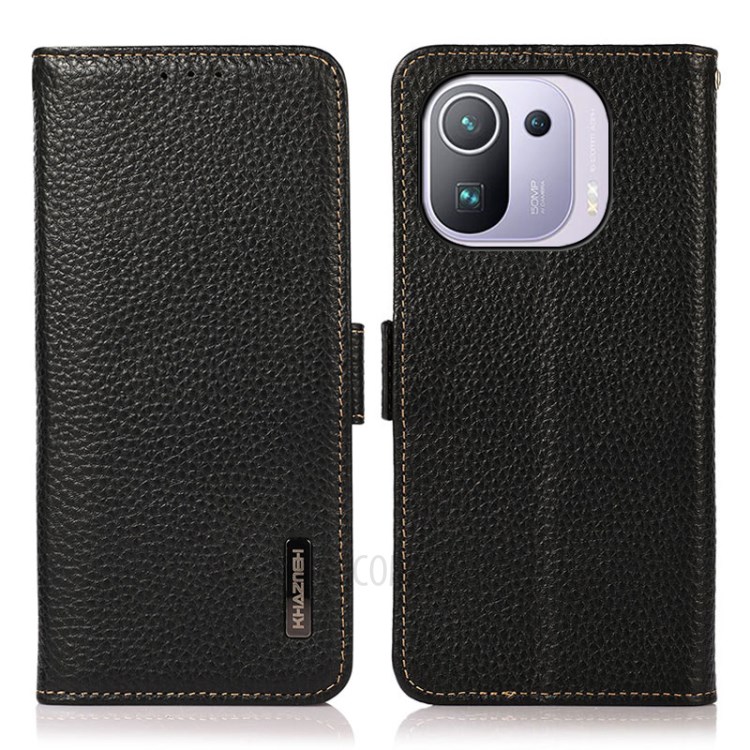 KHAZNEH Litchi Skin Genuine Leather Anti-theft Swiping RFID Blocking Phone Case with Wallet Stand Design for Xiaomi Mi 11 Pro - Black-1