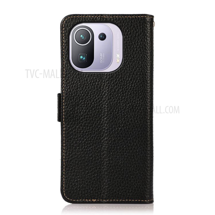 KHAZNEH Litchi Skin Genuine Leather Anti-theft Swiping RFID Blocking Phone Case with Wallet Stand Design for Xiaomi Mi 11 Pro - Black-3
