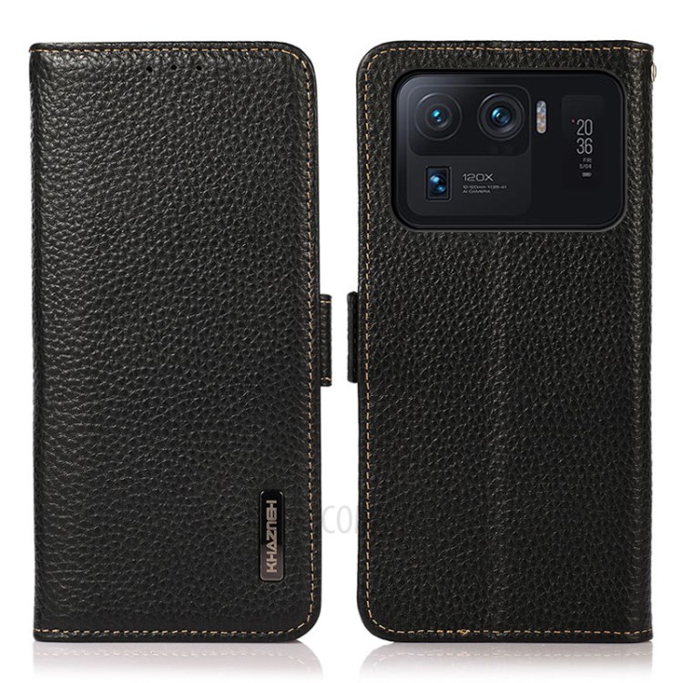 KHAZNEH Anti-theft Swiping RFID Blocking Litchi Skin Genuine Leather Well-Protected Phone Case with Wallet Stand Design for Xiaomi Mi 11 Ultra - Black-1