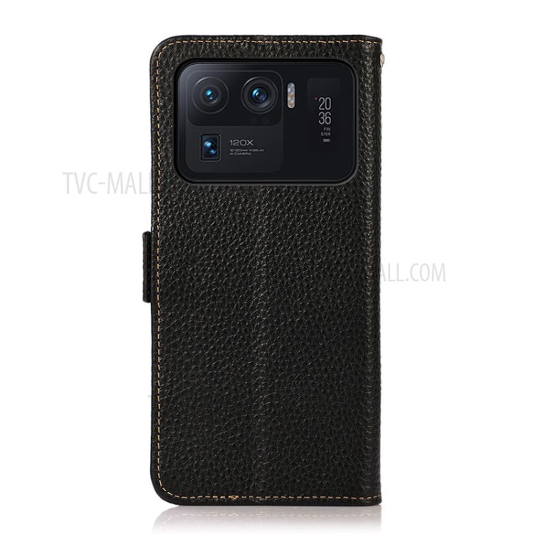 KHAZNEH Anti-theft Swiping RFID Blocking Litchi Skin Genuine Leather Well-Protected Phone Case with Wallet Stand Design for Xiaomi Mi 11 Ultra - Black-3