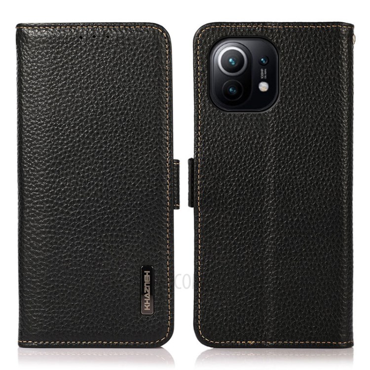 KHAZNEH Anti-theft Swiping RFID Blocking Well-Protected Litchi Skin Genuine Leather Stand Phone Case with Wallet Design for Xiaomi Mi 11 - Black-1