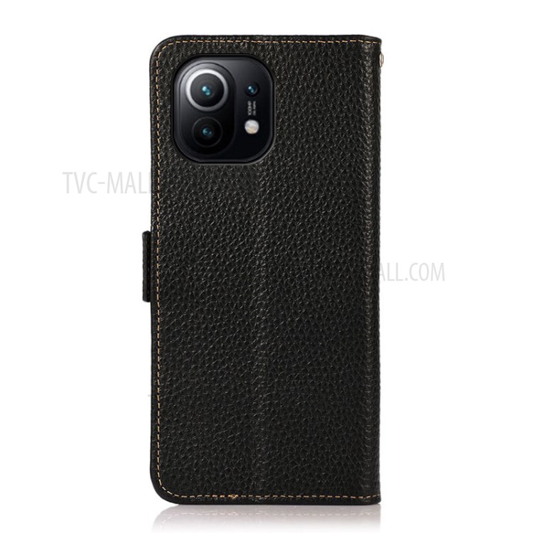 KHAZNEH Anti-theft Swiping RFID Blocking Well-Protected Litchi Skin Genuine Leather Stand Phone Case with Wallet Design for Xiaomi Mi 11 - Black-3