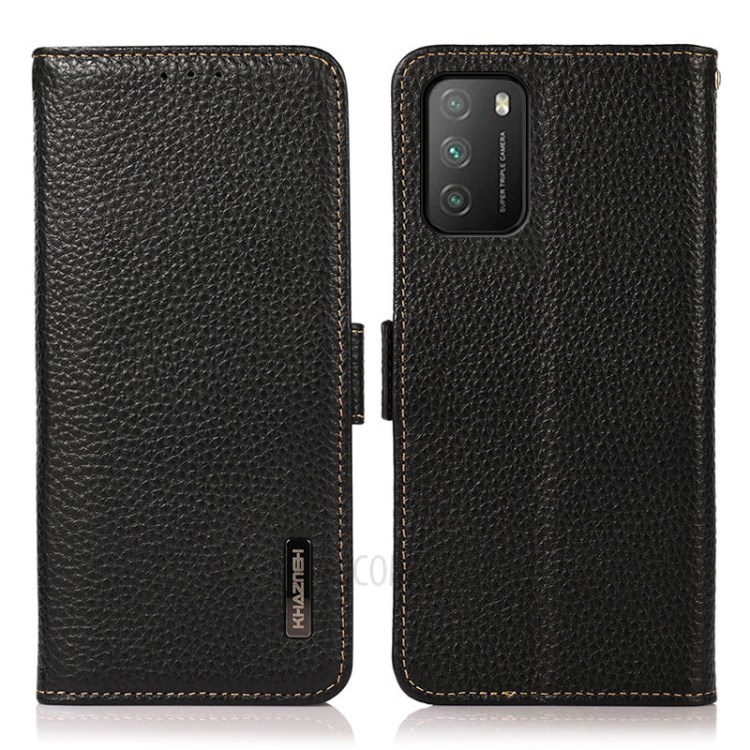 KHAZNEH Well-Protected Litchi Skin Genuine Leather Stand Wallet Phone Case with Anti-theft Swiping RFID Blocking Design for Xiaomi Poco M3 - Black-1