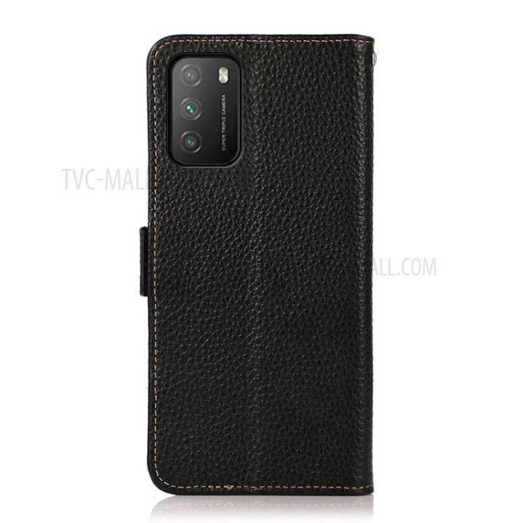 KHAZNEH Well-Protected Litchi Skin Genuine Leather Stand Wallet Phone Case with Anti-theft Swiping RFID Blocking Design for Xiaomi Poco M3 - Black-3