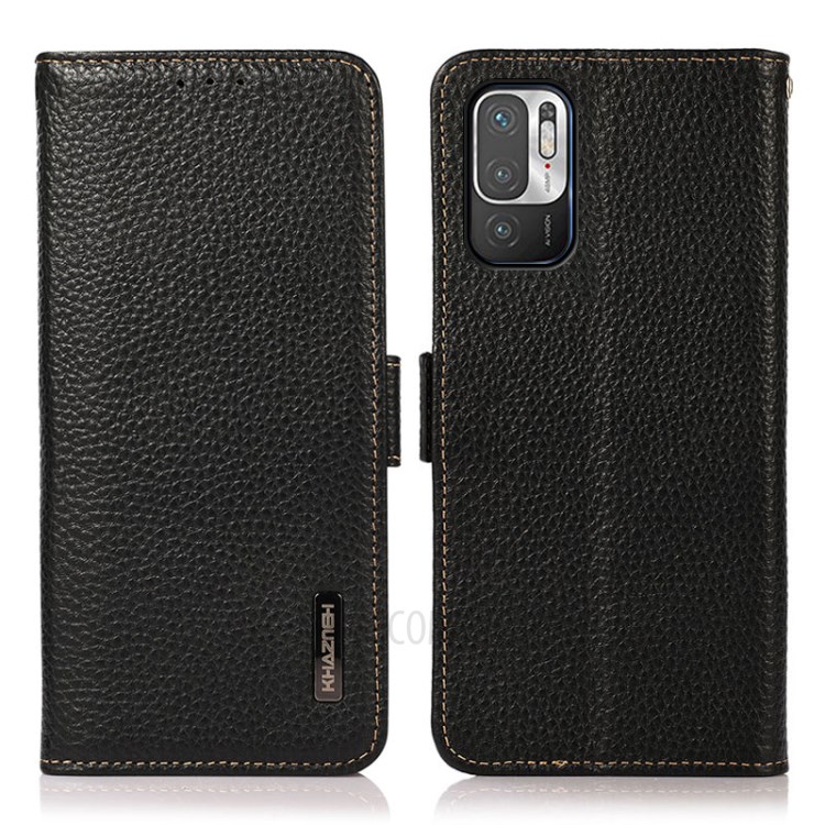 KHAZNEH Anti-theft Swiping Litchi Skin Genuine Leather Wallet Stand Phone Case with RFID Blocking Design for Xiaomi Redmi Note 10 5G - Black-1
