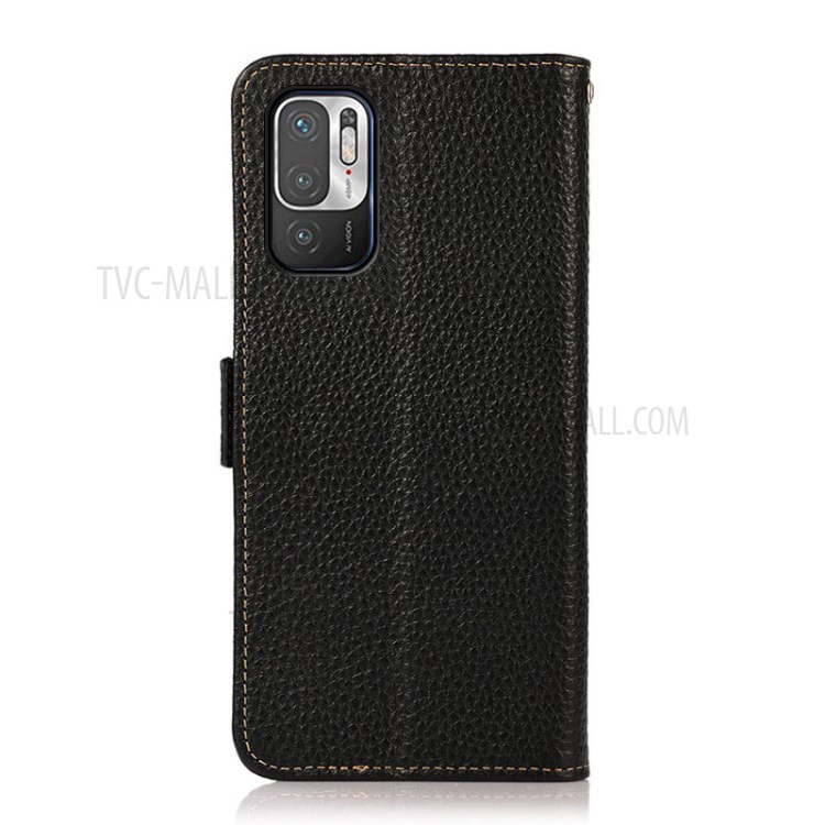 KHAZNEH Anti-theft Swiping Litchi Skin Genuine Leather Wallet Stand Phone Case with RFID Blocking Design for Xiaomi Redmi Note 10 5G - Black-3