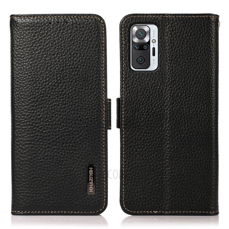 KHAZNEH Litchi Skin Genuine Leather Anti-theft Swiping Phone Case with RFID Blocking Wallet Design for Xiaomi Redmi Note 10 Pro - Black-1