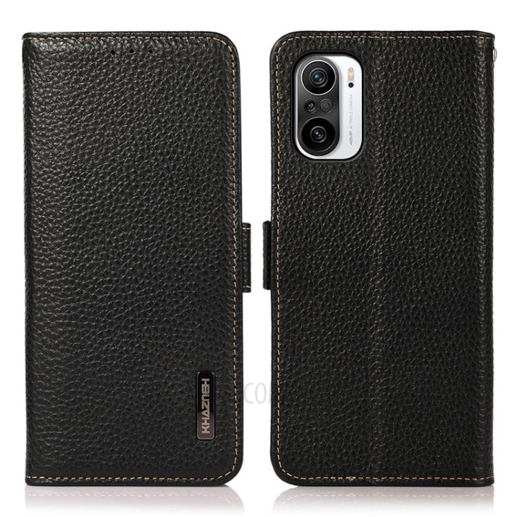 KHAZNEH Anti-theft Swiping RFID Blocking Litchi Skin Genuine Leather Wallet Stand Phone Case for Xiaomi Redmi K40/K40 Pro/Mi 11i/Poco F3 - Black-1