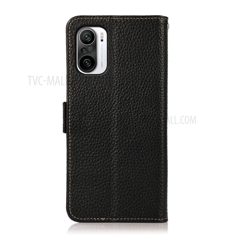 KHAZNEH Anti-theft Swiping RFID Blocking Litchi Skin Genuine Leather Wallet Stand Phone Case for Xiaomi Redmi K40/K40 Pro/Mi 11i/Poco F3 - Black-3