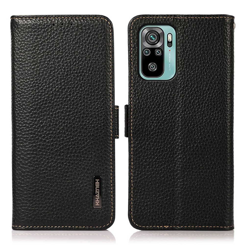 KHAZNEH Anti-theft Swiping Litchi Skin Genuine Leather Stand Phone Case with RFID Blocking Wallet Design for Xiaomi Redmi Note 10 4G/Note 10S - Black-1