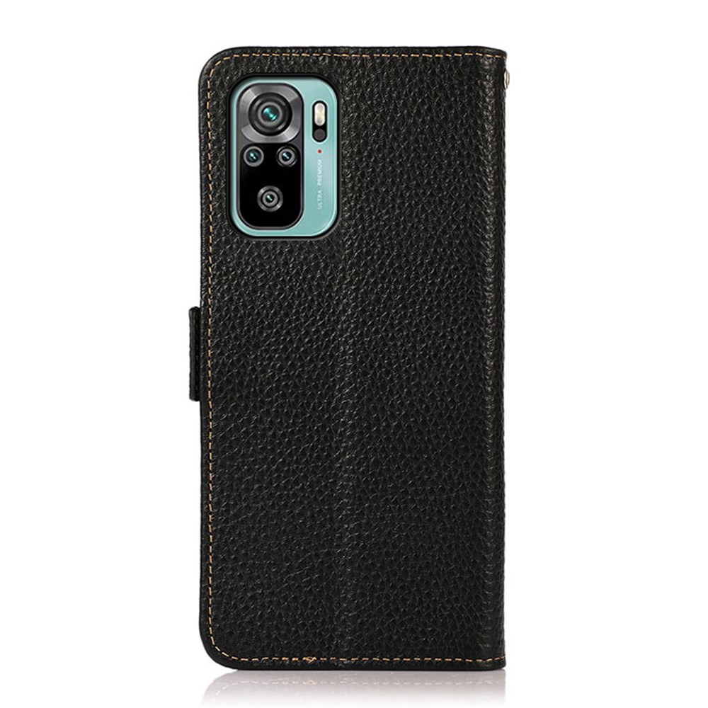 KHAZNEH Anti-theft Swiping Litchi Skin Genuine Leather Stand Phone Case with RFID Blocking Wallet Design for Xiaomi Redmi Note 10 4G/Note 10S - Black-3