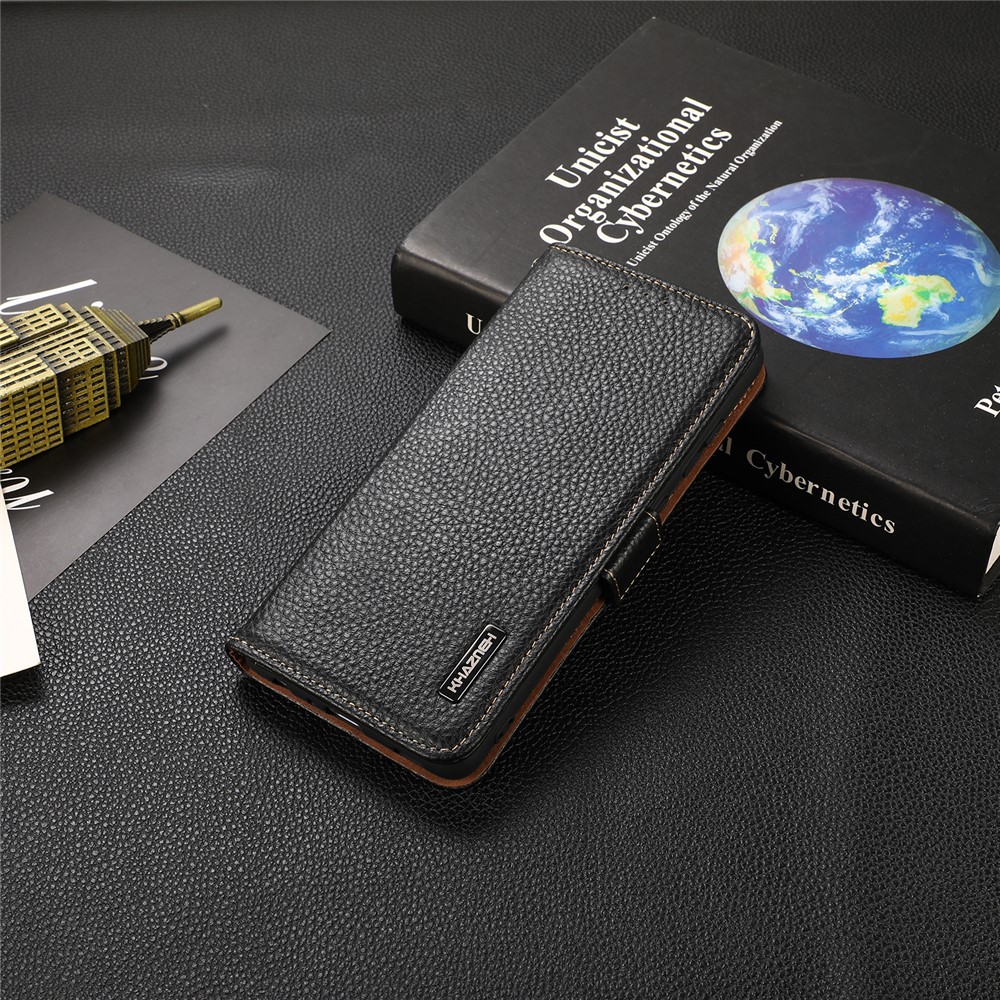 KHAZNEH Anti-theft Swiping Litchi Skin Genuine Leather Stand Phone Case with RFID Blocking Wallet Design for Xiaomi Redmi Note 10 4G/Note 10S - Black-9