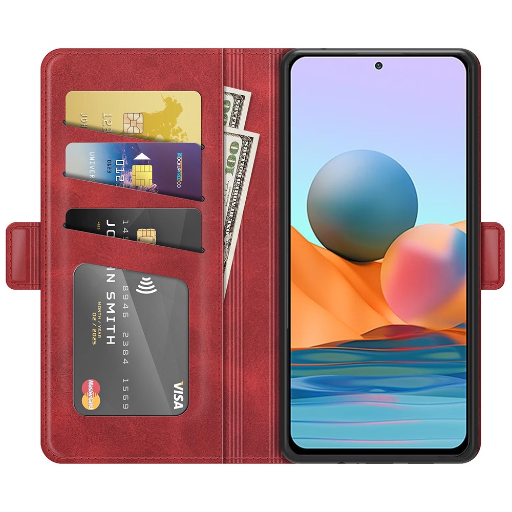Double Clasp Magnetic Closure PU Leather Wallet Stand Case Shell for Xiaomi Redmi Note 10 Pro - Red-4