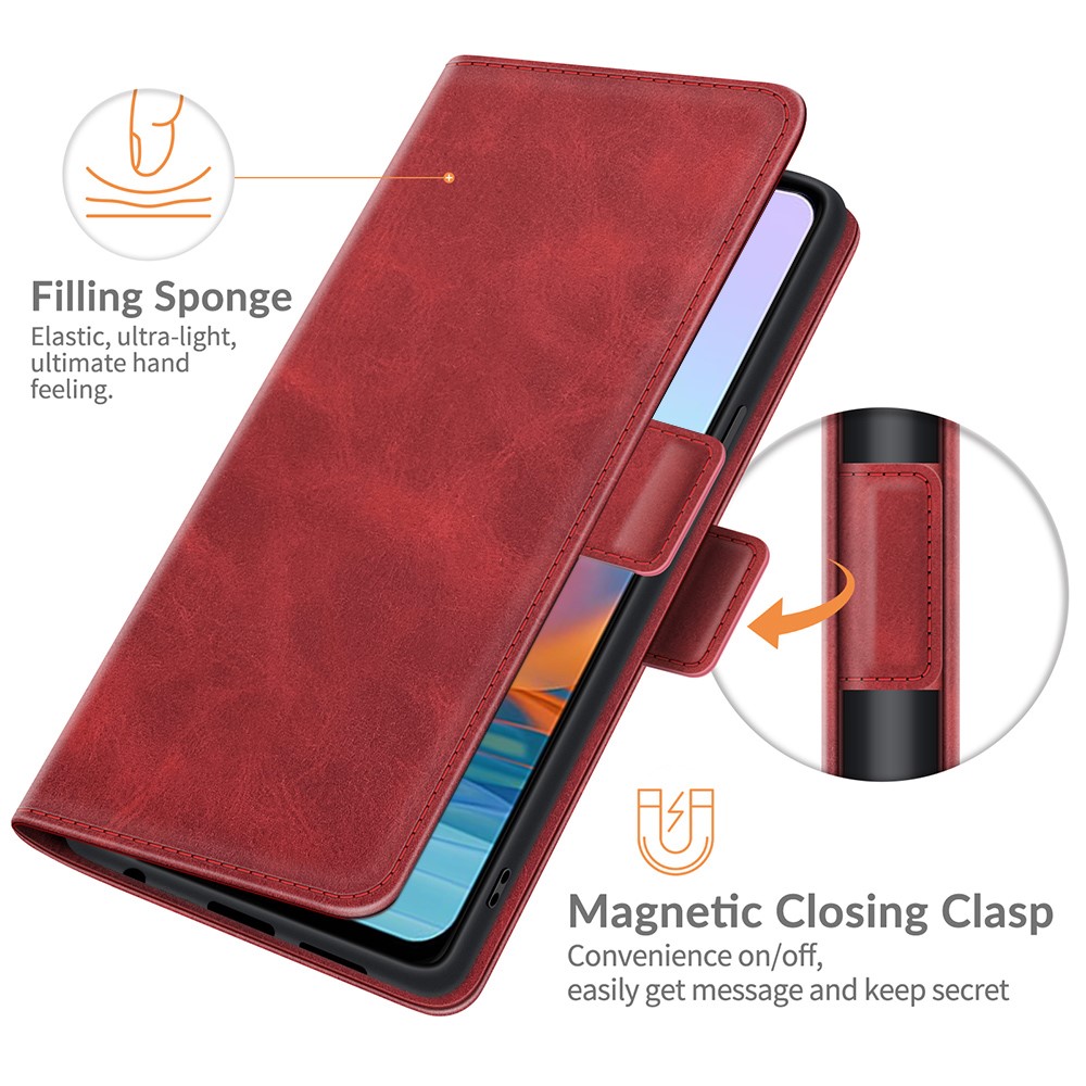 Double Clasp Magnetic Closure PU Leather Wallet Stand Case Shell for Xiaomi Redmi Note 10 Pro - Red-6
