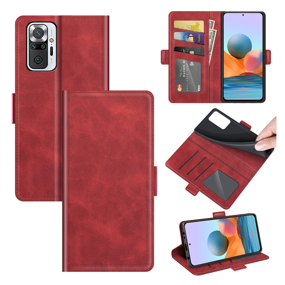 Double Clasp Magnetic Closure PU Leather Wallet Stand Case Shell for Xiaomi Redmi Note 10 Pro - Red-8