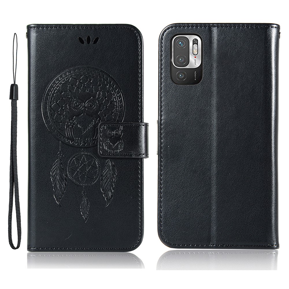 Imprinted Dream Catcher Owl Leather Flip Cover for Xiaomi Redmi Note 10 5G - Black-1