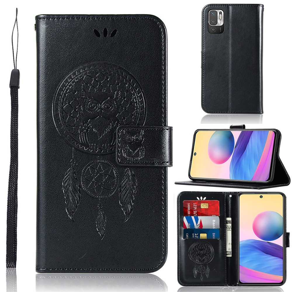 Imprinted Dream Catcher Owl Leather Flip Cover for Xiaomi Redmi Note 10 5G - Black-8
