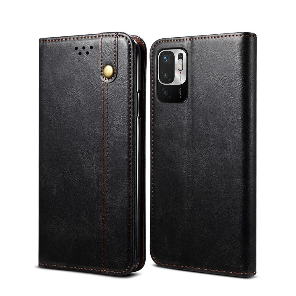 Oil-Waxy Leather Phone Case Cover with Wallet Stand for Xiaomi Redmi Note 10 5G - Black-1