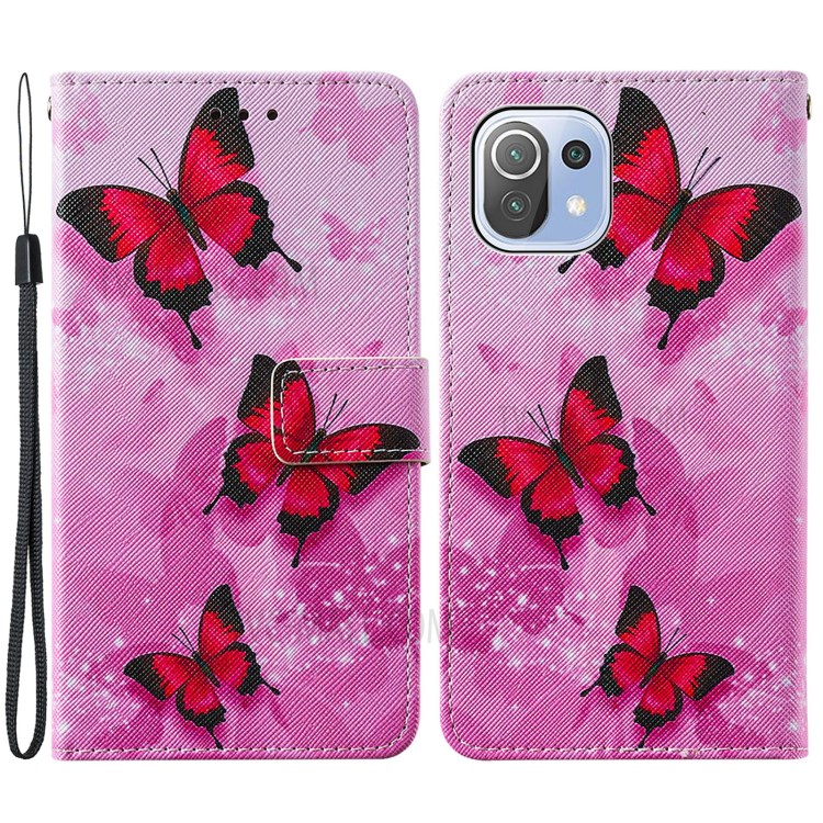 Pattern Printing Cross Texture Leather Phone Protective Case with Wallet Stand Design for Xiaomi Mi 11 Lite 4G/5G - Red Butterfly-1