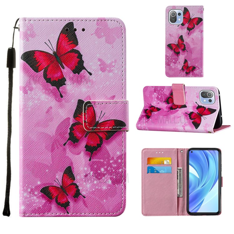Pattern Printing Cross Texture Leather Phone Protective Case with Wallet Stand Design for Xiaomi Mi 11 Lite 4G/5G - Red Butterfly-10