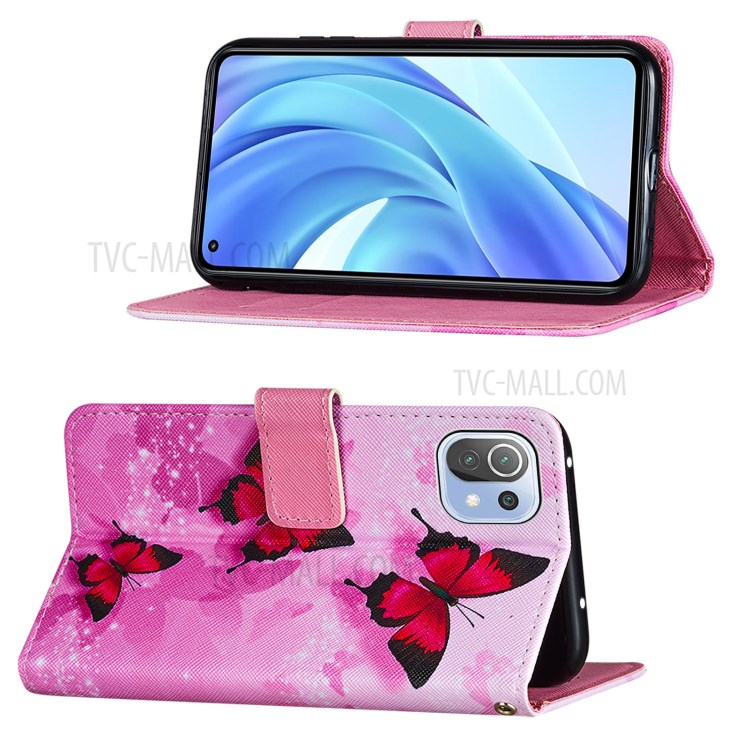 Pattern Printing Cross Texture Leather Phone Protective Case with Wallet Stand Design for Xiaomi Mi 11 Lite 4G/5G - Red Butterfly-3