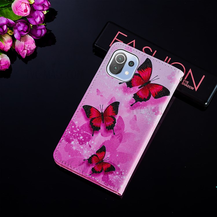 Pattern Printing Cross Texture Leather Phone Protective Case with Wallet Stand Design for Xiaomi Mi 11 Lite 4G/5G - Red Butterfly-8