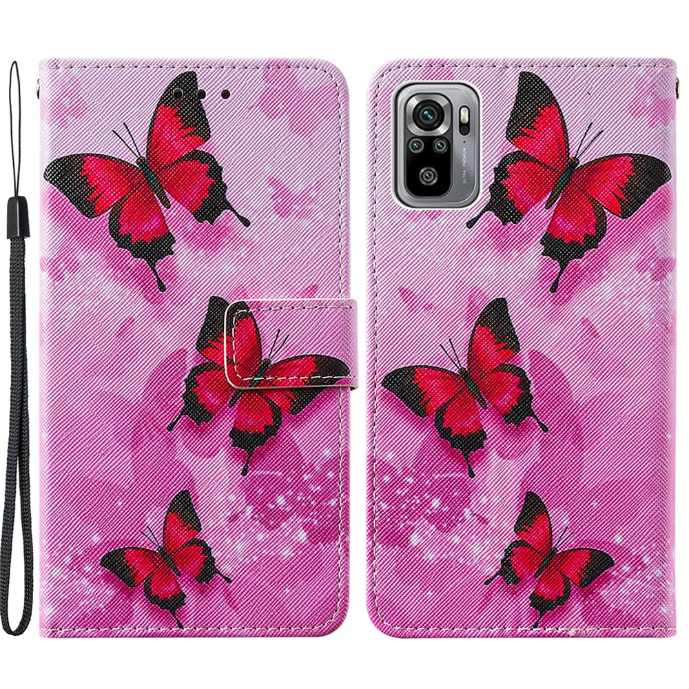 Wallet Stand Design Pattern Printing Cross Texture Leather Phone Protective Case for Xiaomi Redmi Note 10 4G/Note 10S - Red Butterfly-1