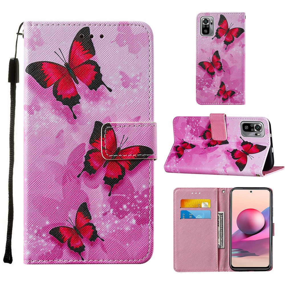 Wallet Stand Design Pattern Printing Cross Texture Leather Phone Protective Case for Xiaomi Redmi Note 10 4G/Note 10S - Red Butterfly-10