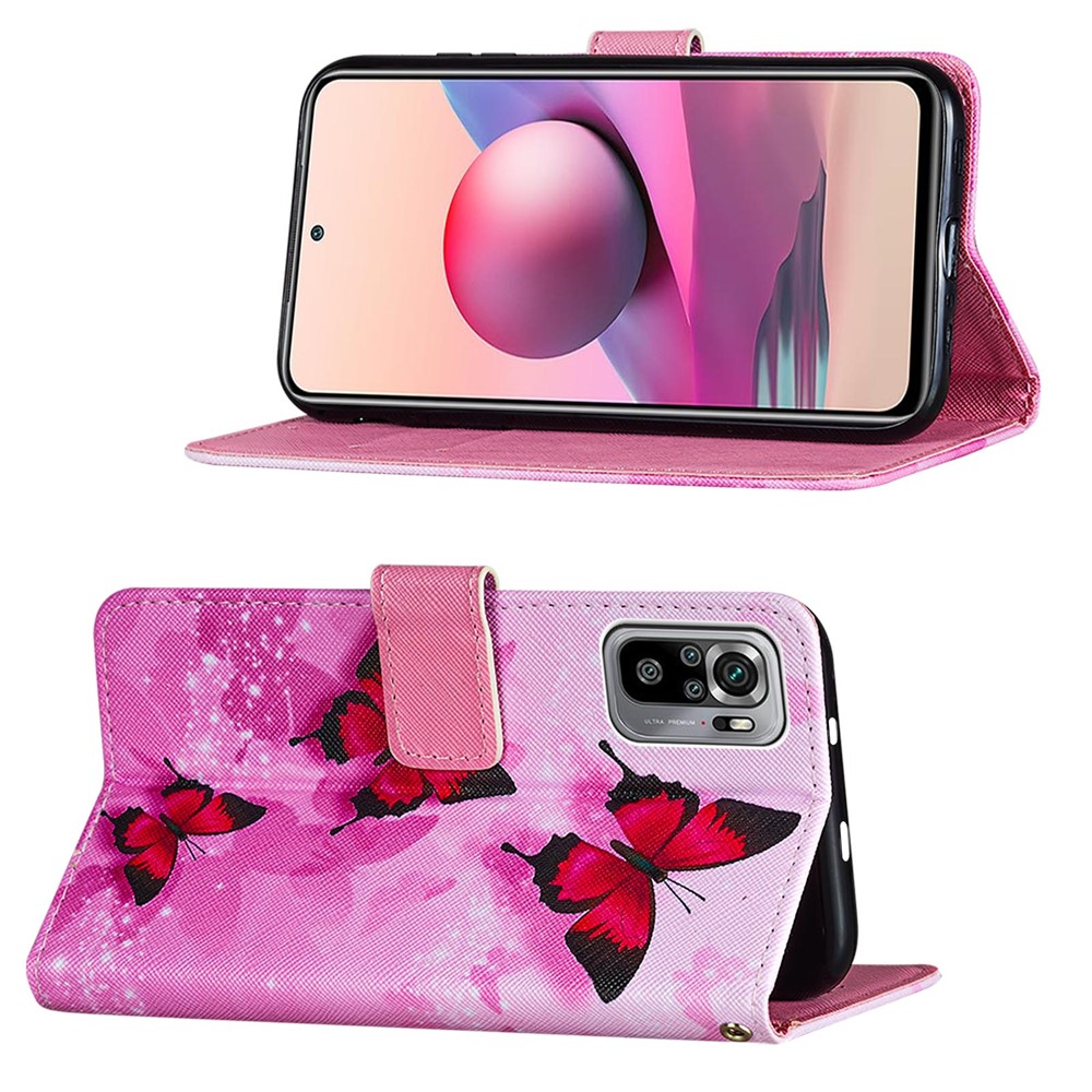 Wallet Stand Design Pattern Printing Cross Texture Leather Phone Protective Case for Xiaomi Redmi Note 10 4G/Note 10S - Red Butterfly-3