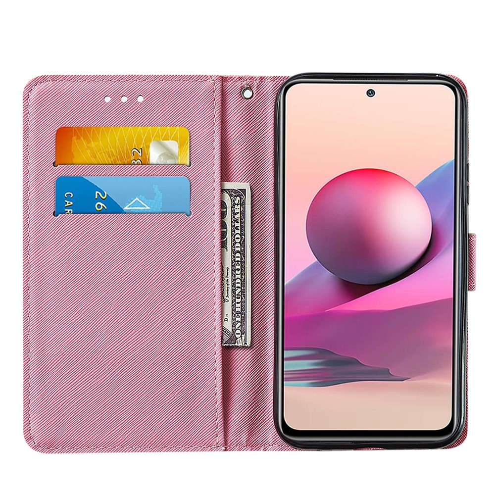 Wallet Stand Design Pattern Printing Cross Texture Leather Phone Protective Case for Xiaomi Redmi Note 10 4G/Note 10S - Red Butterfly-4